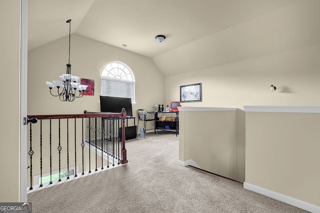 4581 Sagebrush Ct, Snellville, GA 30039 - corridor featuring an upstairs landing, a chandelier, lofted ceiling, and carpet floors
