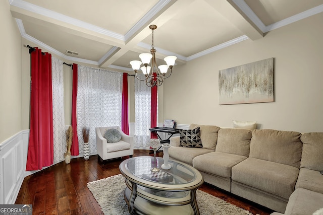 4581 Sagebrush Ct, Snellville, GA 30039 - living area with hardwood / wood-style floors, a chandelier, beamed ceiling, ornamental molding, and coffered ceiling