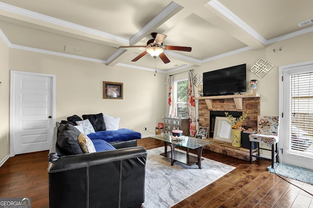 4581 Sagebrush Ct, Snellville, GA 30039 - living area with hardwood / wood-style flooring, ceiling fan, a fireplace, coffered ceiling, and ornamental molding