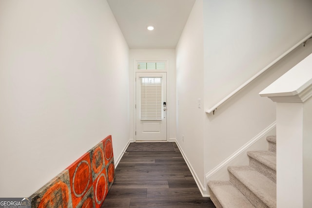 668 Isom Walk, Suwanee, GA 30024 - doorway to outside featuring stairway, dark wood finished floors, recessed lighting, and baseboards