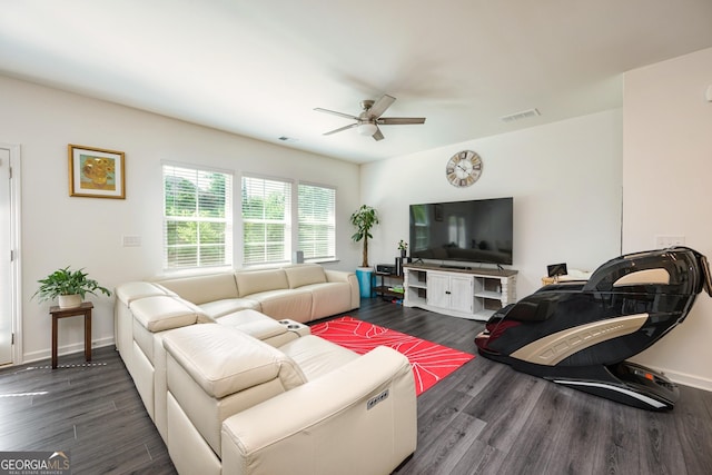 668 Isom Walk, Suwanee, GA 30024 - living area with dark wood-type flooring, a ceiling fan, and baseboards