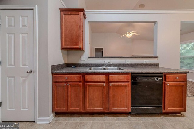 kitchen with black dishwasher, a sink, dark countertops, a ceiling fan, and brown cabinets