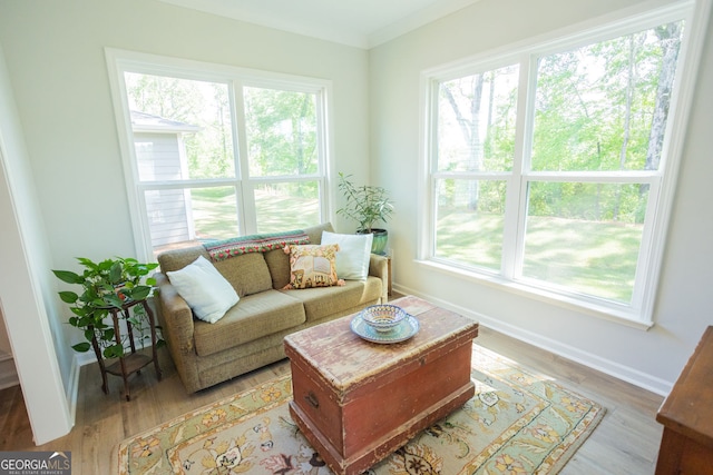 living area with plenty of natural light, light wood-style floors, and baseboards