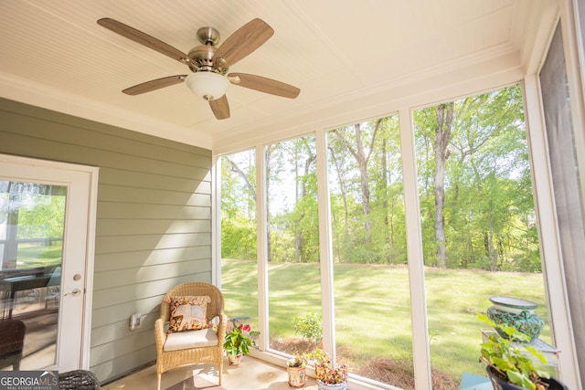 sunroom featuring a ceiling fan and view of scattered trees