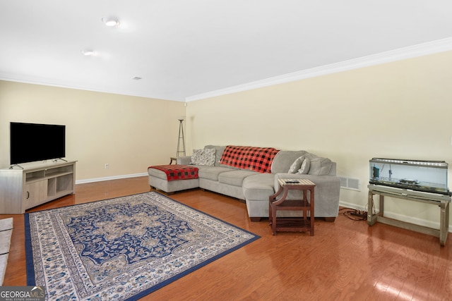 8035 Canter Ln, Alpharetta, GA 30009 - living room with ornamental molding, baseboards, and wood finished floors