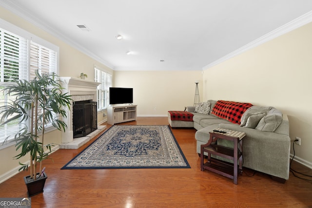 8035 Canter Ln, Alpharetta, GA 30009 - living area featuring ornamental molding, a fireplace with raised hearth, wood finished floors, and baseboards