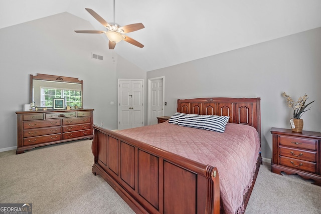 8035 Canter Ln, Alpharetta, GA 30009 - bedroom featuring light colored carpet, high vaulted ceiling, ceiling fan, and baseboards
