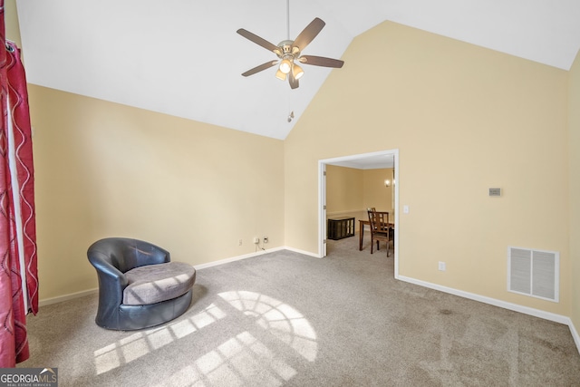 8035 Canter Ln, Alpharetta, GA 30009 - unfurnished room featuring ceiling fan, high vaulted ceiling, carpet floors, and baseboards