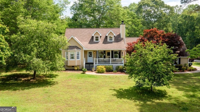 488 Mayapple Gln, Dawsonville, GA 30534 - cape cod home with covered porch, a front lawn, a chimney, and crawl space