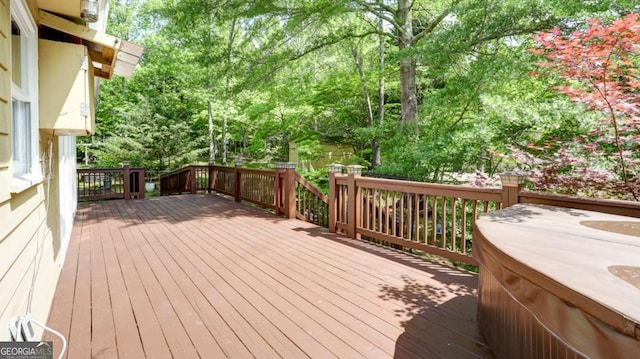 488 Mayapple Gln, Dawsonville, GA 30534 - wooden terrace with a hot tub and view of scattered trees