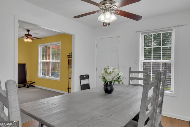 dining room featuring ceiling fan, baseboards, and wood finished floors