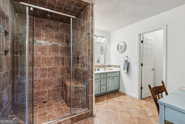 1275 Fontainebleau Ct, Lawrenceville, GA 30043 - full bathroom with a stall shower, vanity, tile patterned floors, and a textured ceiling