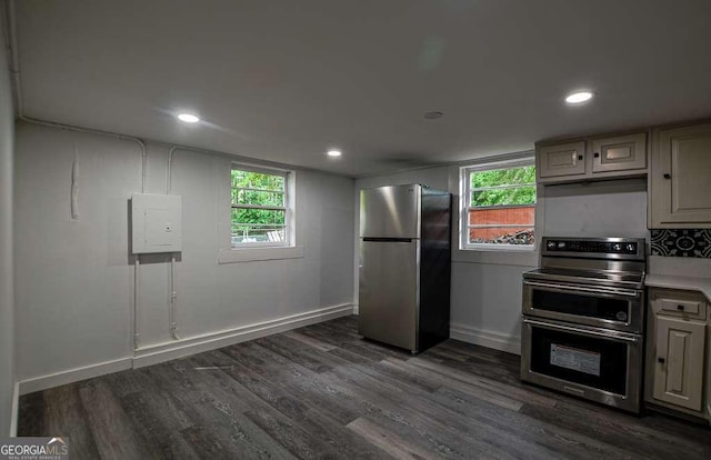 1772 Martin Pl SE, Smyrna, GA 30080 - kitchen featuring appliances with stainless steel finishes, dark wood-style flooring, baseboards, electric panel, and recessed lighting