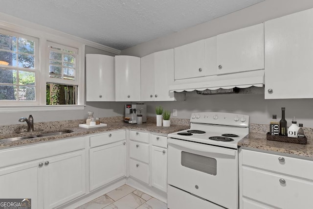 kitchen featuring white range with electric stovetop, under cabinet range hood, a sink, light marble finish flooring, and a textured ceiling