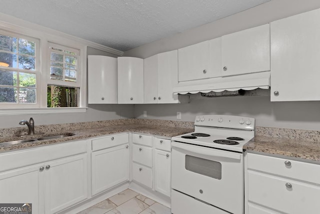 kitchen featuring white range with electric stovetop, under cabinet range hood, a sink, light marble finish floors, and a textured ceiling