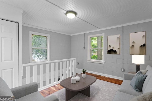 living room with wood finished floors, concrete block wall, and crown molding