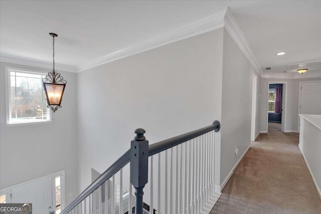 117 Union Ridge Way, Dallas, GA 30132 - hallway featuring a chandelier, carpet floors, healthy amount of natural light, crown molding, and an upstairs landing