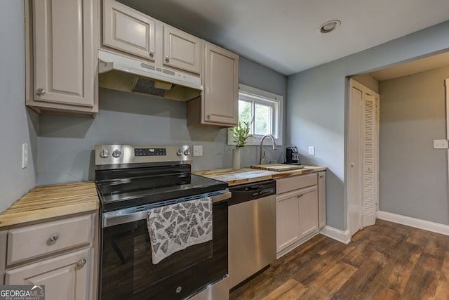 103 Chicamauga Ave SW, Atlanta, GA 30314 - kitchen with stainless steel appliances, under cabinet range hood, a sink, dark wood-style floors, and wooden counters