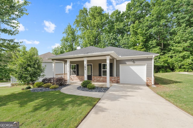 385 Orchard Land, Covington, GA 30014 - view of front of house featuring brick siding, a porch, an attached garage, a front yard, and concrete driveway