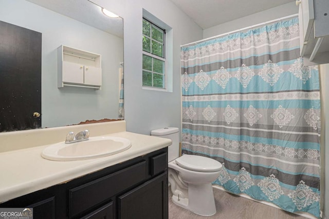 430 Pilgrim Ln, Powder Springs, GA 30127 - full bath with vanity, toilet, wood finished floors, and curtained shower