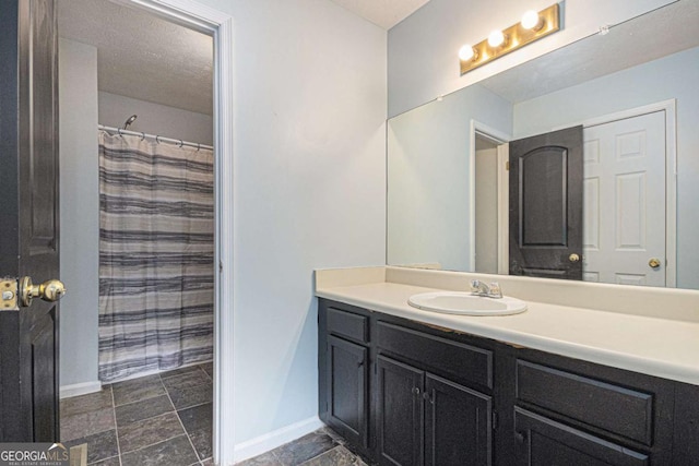 430 Pilgrim Ln, Powder Springs, GA 30127 - bathroom with baseboards, vanity, and a shower with curtain