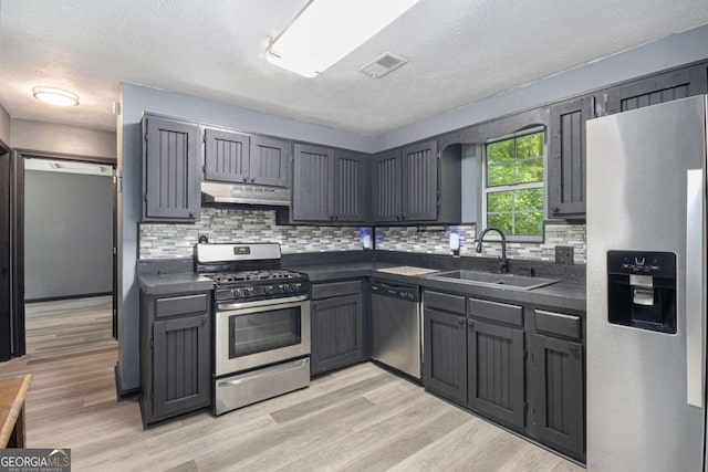 430 Pilgrim Ln, Powder Springs, GA 30127 - kitchen featuring stainless steel appliances, a sink, under cabinet range hood, dark countertops, and backsplash