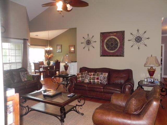 living room featuring lofted ceiling, ceiling fan, and wood finished floors