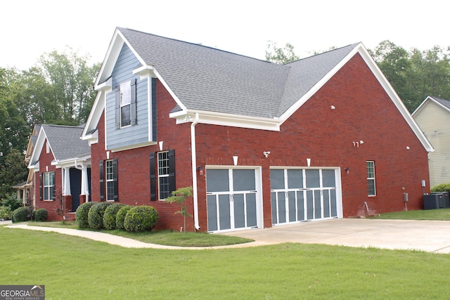 141 Windward Hls, Mcdonough, GA 30253 - view of side of property featuring cooling unit, concrete driveway, a lawn, brick siding, and a shingled roof