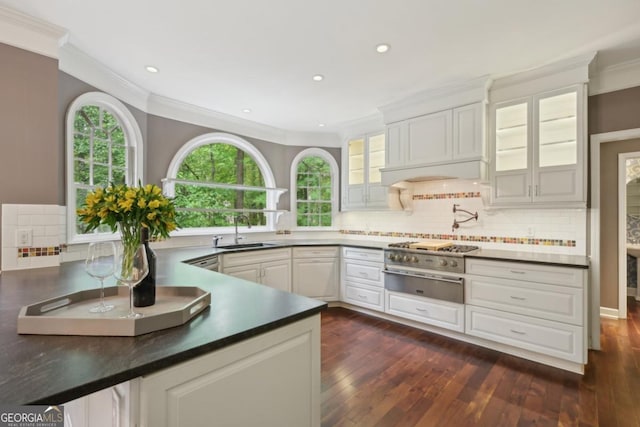 10660 Dunoon Dr, Alpharetta, GA 30022 - kitchen with a sink, a warming drawer, crown molding, glass insert cabinets, and backsplash