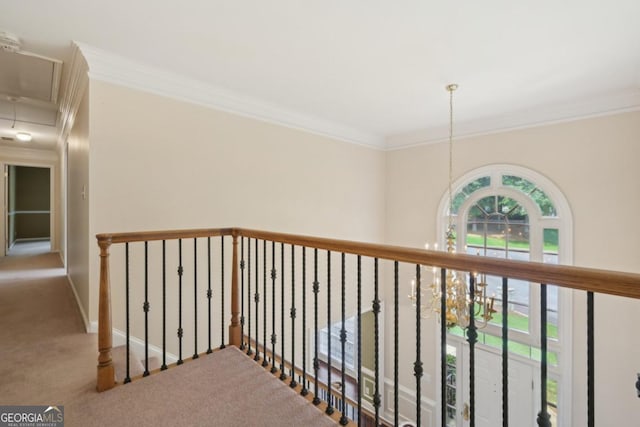 10660 Dunoon Dr, Alpharetta, GA 30022 - corridor featuring attic access, crown molding, carpet flooring, and an upstairs landing
