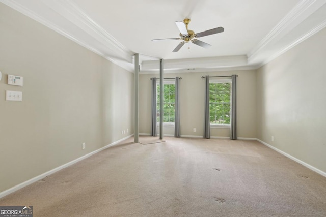 10660 Dunoon Dr, Alpharetta, GA 30022 - carpeted spare room with crown molding, ceiling fan, a raised ceiling, and baseboards