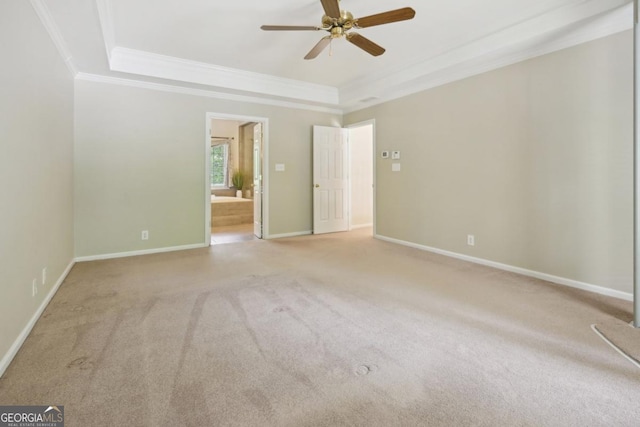 10660 Dunoon Dr, Alpharetta, GA 30022 - carpeted spare room featuring crown molding, a raised ceiling, ceiling fan, and baseboards