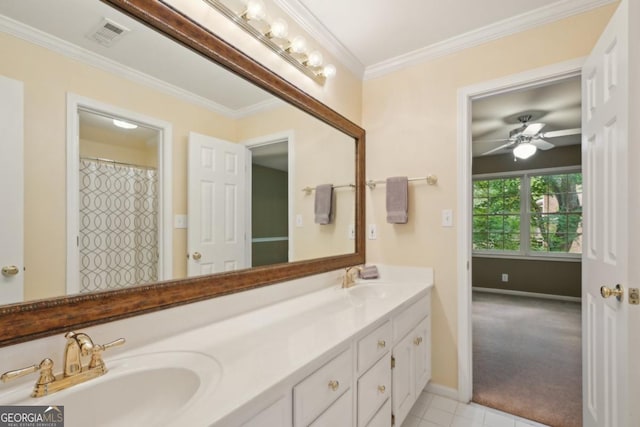 10660 Dunoon Dr, Alpharetta, GA 30022 - full bathroom featuring baseboards, double vanity, ornamental molding, tile patterned flooring, and ceiling fan