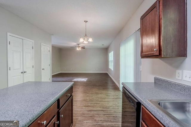 6285 Polar Fox Ct, Riverdale, GA 30296 - kitchen featuring a chandelier, dishwasher, dark wood-type flooring, pendant lighting, and a ceiling fan