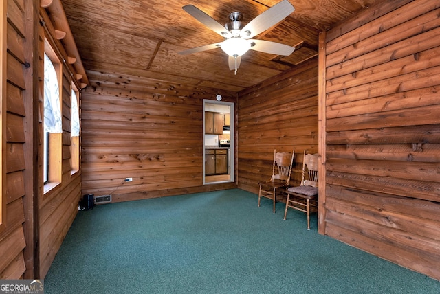 22 Ridge Haven Dr, Cleveland, GA 30528 - unfurnished room featuring carpet, ceiling fan, wood ceiling, and wooden walls