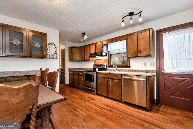 22 Ridge Haven Dr, Cleveland, GA 30528 - kitchen featuring appliances with stainless steel finishes, under cabinet range hood, wood finished floors, a sink, and glass insert cabinets
