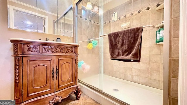 6 River St SW, Cave Spring, GA 30124 - full bath with ornamental molding, a shower stall, tile patterned flooring, and vanity