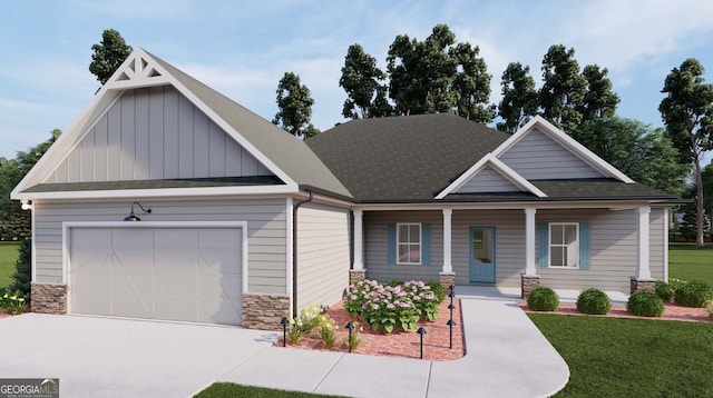 craftsman house featuring stone siding, an attached garage, driveway, board and batten siding, and a porch