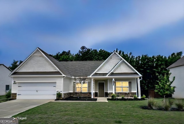 118 Garrett Dr, Eatonton, GA 31024 - craftsman inspired home featuring driveway, an attached garage, a front yard, stone siding, and covered porch