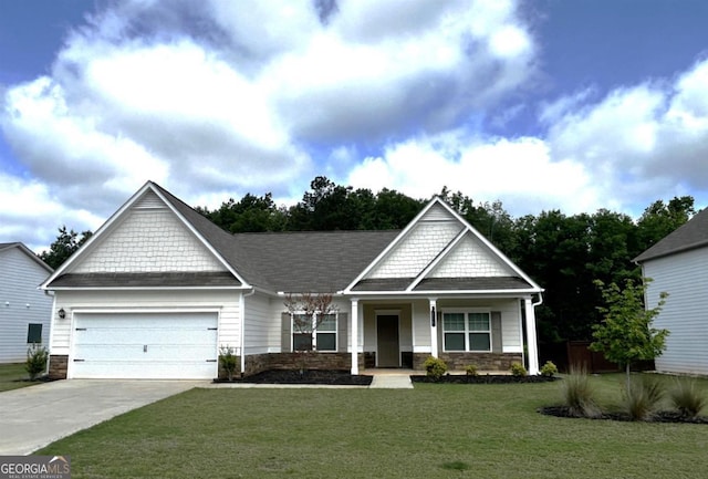118 Garrett Dr, Eatonton, GA 31024 - craftsman house featuring an attached garage, driveway, a front lawn, and stone siding