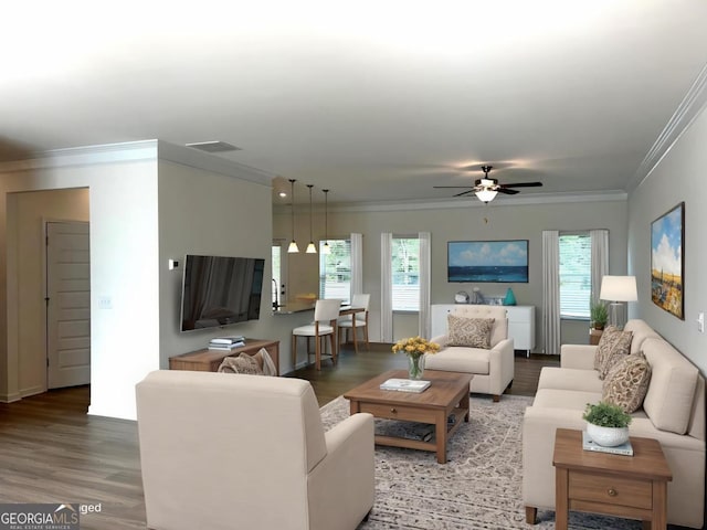 118 Garrett Dr, Eatonton, GA 31024 - living room with light wood-style floors, ornamental molding, and ceiling fan