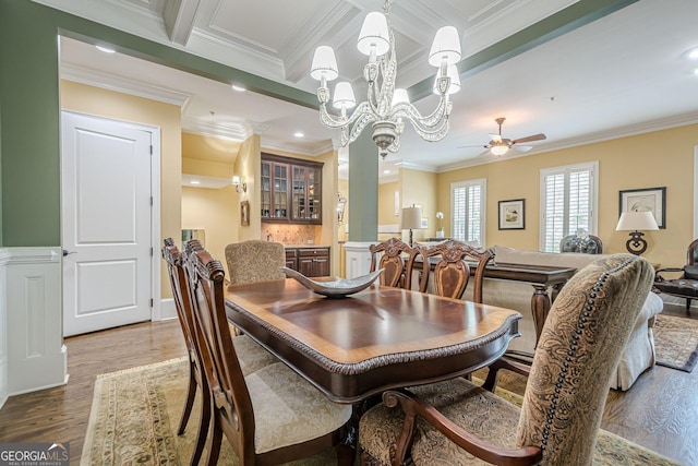2295 Falmouth Ct SE Unit 23, Smyrna, GA 30080 - dining space featuring a ceiling fan, a chandelier, crown molding, wood finished floors, and recessed lighting