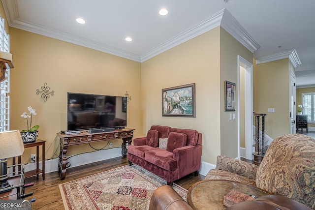 2295 Falmouth Ct SE Unit 23, Smyrna, GA 30080 - living room featuring wood finished floors, ornamental molding, and recessed lighting