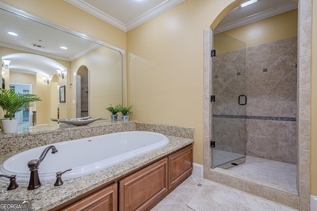 2295 Falmouth Ct SE Unit 23, Smyrna, GA 30080 - full bath featuring a garden tub, a stall shower, ornamental molding, and tile patterned flooring