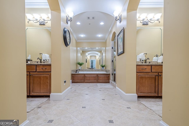 2295 Falmouth Ct SE Unit 23, Smyrna, GA 30080 - full bath featuring ornamental molding, two vanities, tile patterned flooring, and a stall shower
