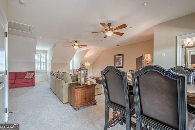 2295 Falmouth Ct SE Unit 23, Smyrna, GA 30080 - living room featuring light carpet, a ceiling fan, attic access, and lofted ceiling