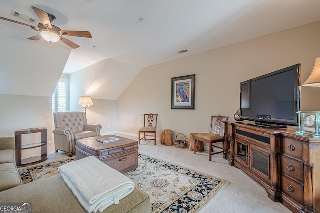 2295 Falmouth Ct SE Unit 23, Smyrna, GA 30080 - living area featuring carpet, ceiling fan, and vaulted ceiling