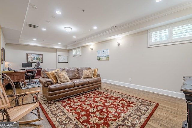 2295 Falmouth Ct SE Unit 23, Smyrna, GA 30080 - living room featuring ornamental molding, light wood-type flooring, an office area, a raised ceiling, and recessed lighting