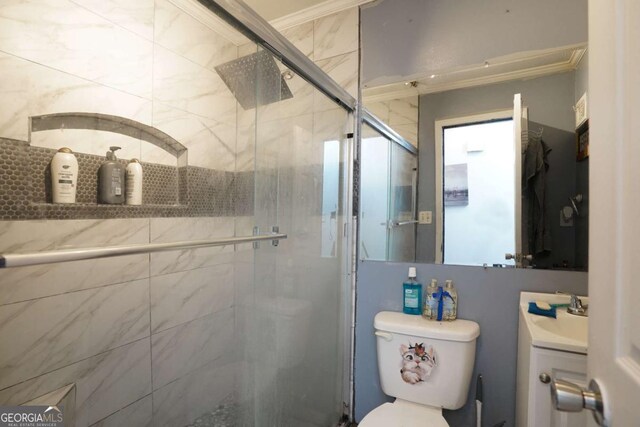 377 Black Oak Ct, Lawrenceville, GA 30046 - bathroom with toilet, vanity, and a stall shower