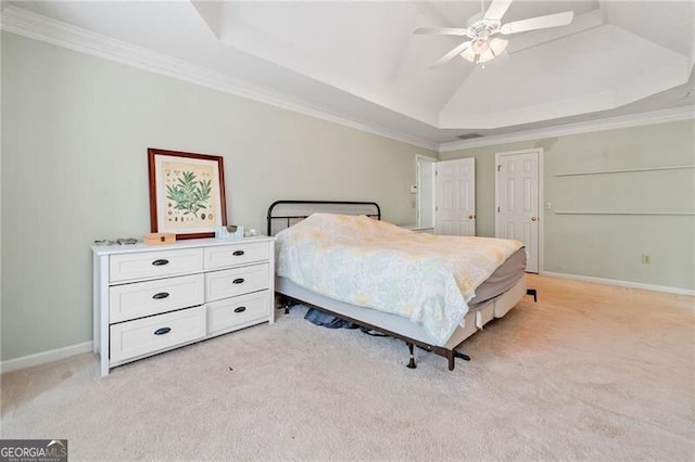 1763 Benningfield Dr SW, Marietta, GA 30064 - bedroom with a raised ceiling, light colored carpet, ornamental molding, baseboards, and a ceiling fan